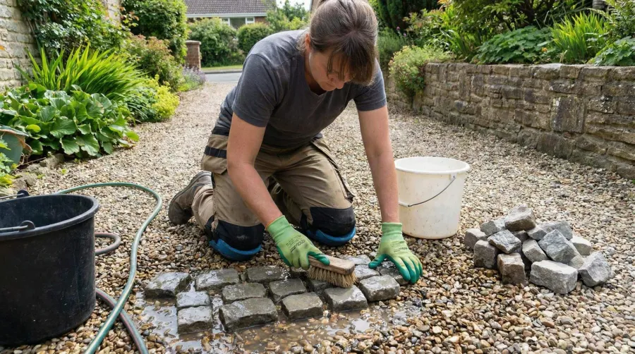 Person cleaning gravel with brush