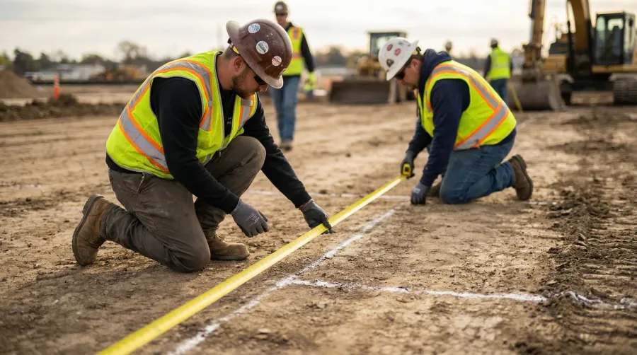 Construction worker measuring project area with tape measure