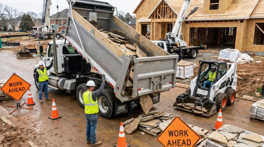 Delivery truck unloading stone materials at residential construction site with proper safety equipment