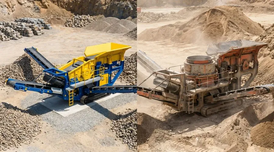 Side by side comparison of new versus used crusher equipment in quarry setting