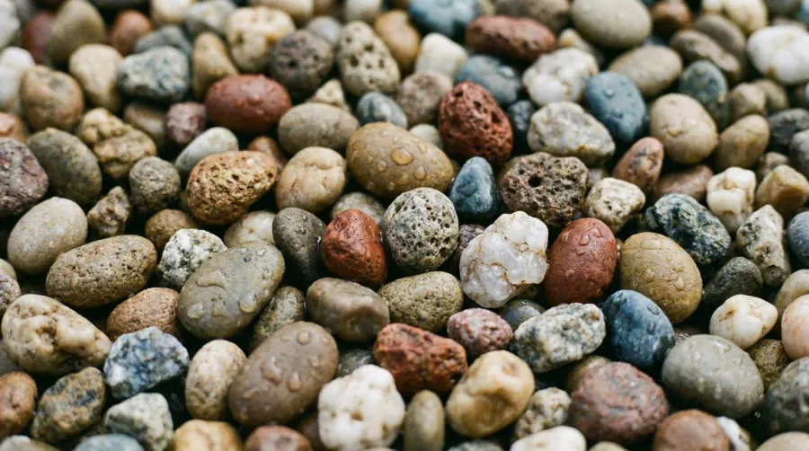 Close-up of different pea gravel sizes showing texture and variety