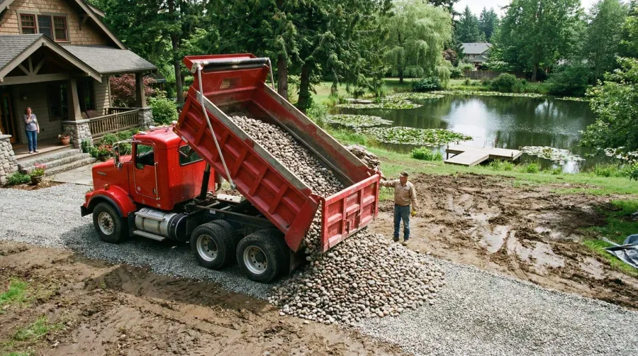 Truck delivering river rock to residential property with pond in background