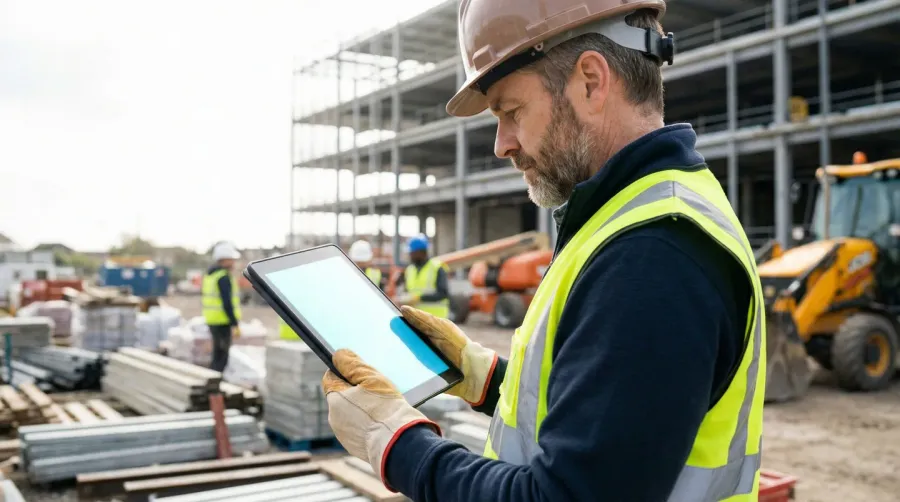 Contractor reviewing project schedule on tablet at construction site