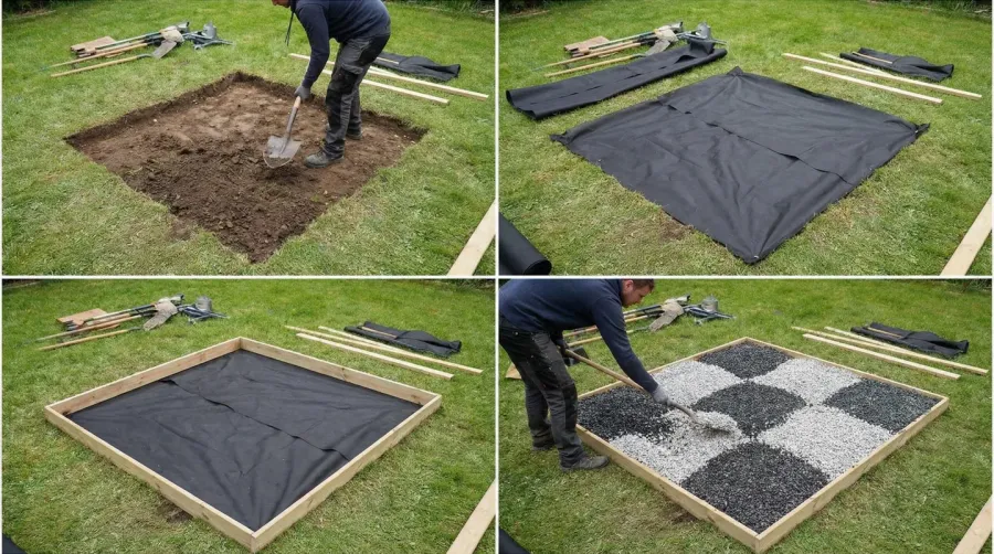 Step-by-step installation process of gravel chessboard