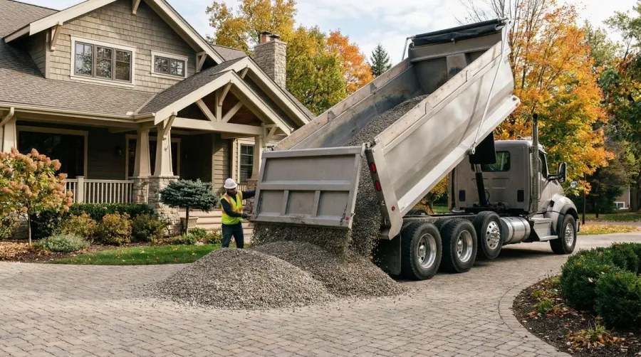 Gravel delivery truck on residential driveway