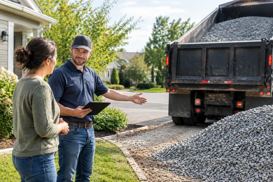 Delivery driver talking with a homeowner beside a gravel delivery