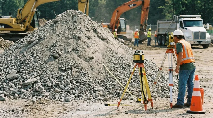 Crushed concrete pile with measuring equipment