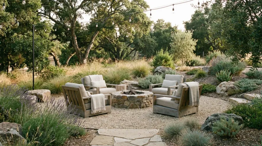 Outdoor seating area with gravel base showing comfortable chairs on pea gravel surface
