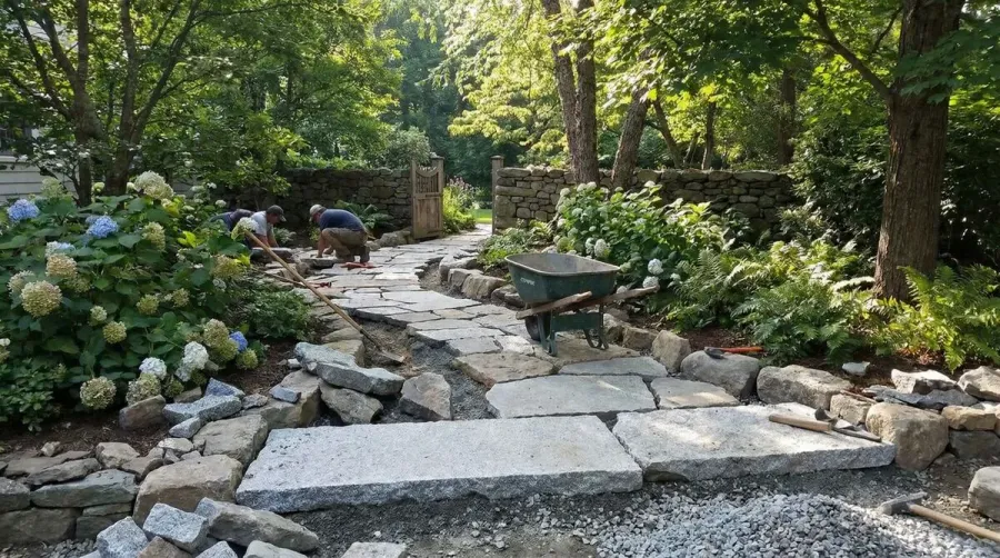 Granite rock installation garden pathway example