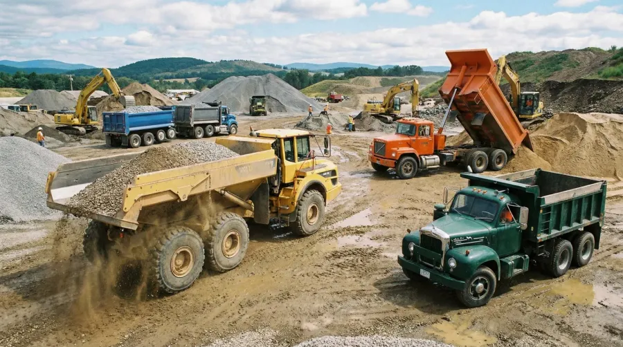 Various types of dump trucks hauling aggregate materials at a construction site