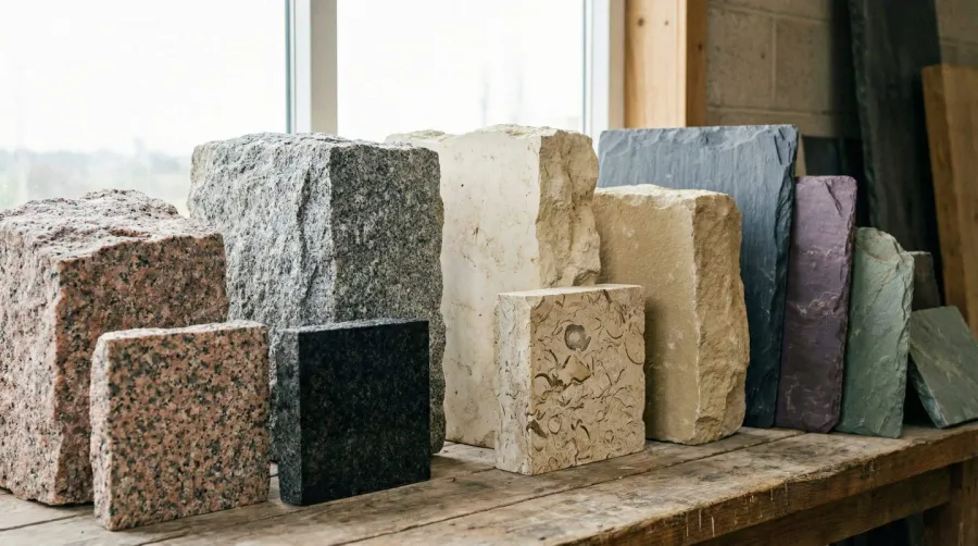 Different types of construction rocks including granite, limestone, and slate
