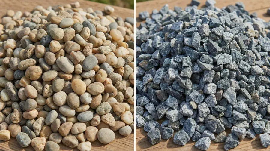 Comparison photo showing pea gravel versus crushed stone textures