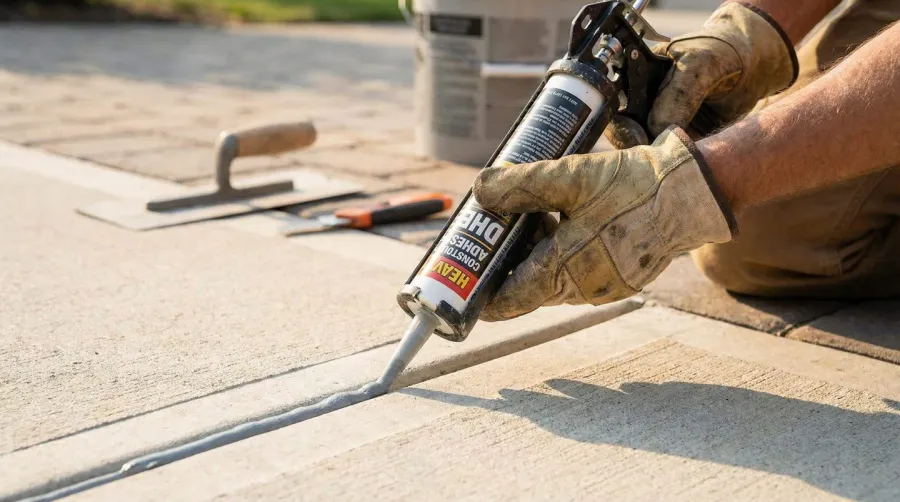 Hands applying adhesive to clean driveway surface