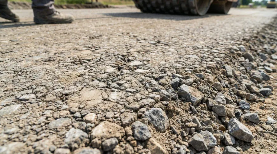 Close-up view of compacted gravel base ready for asphalt millings