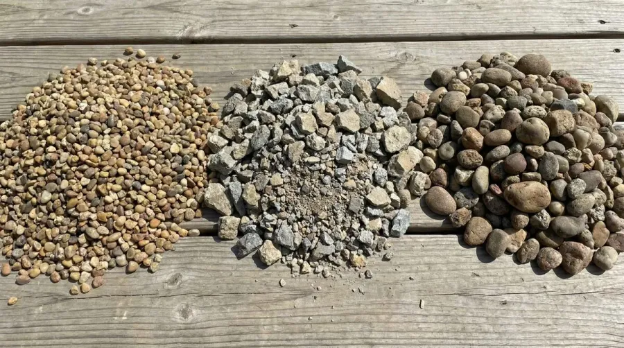 Comparison of different gravel types including pea gravel, crushed stone, and river run