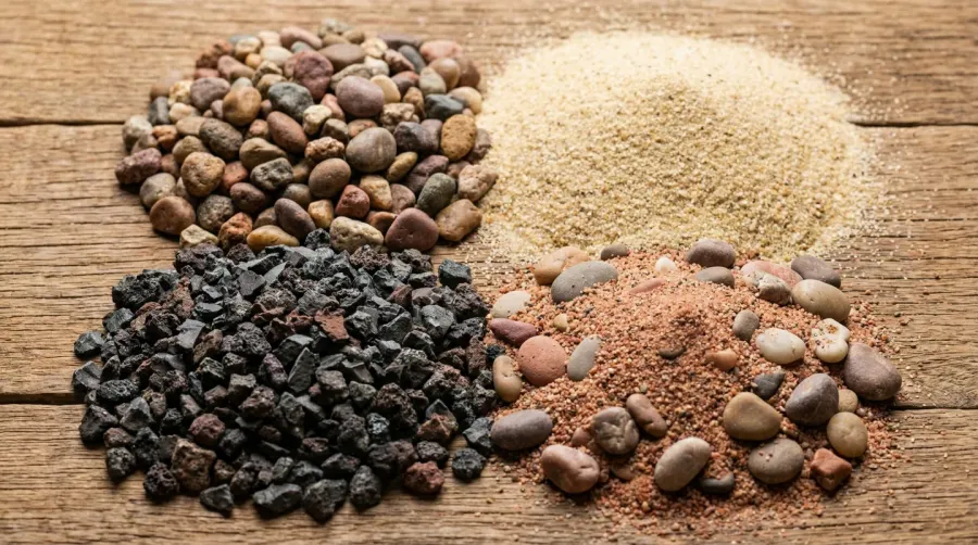 Close-up comparison of different sand and gravel textures and colors