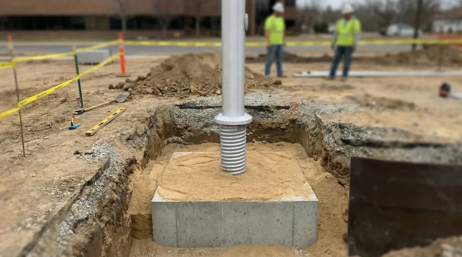 Flagpole installation with concrete base and sand backfill