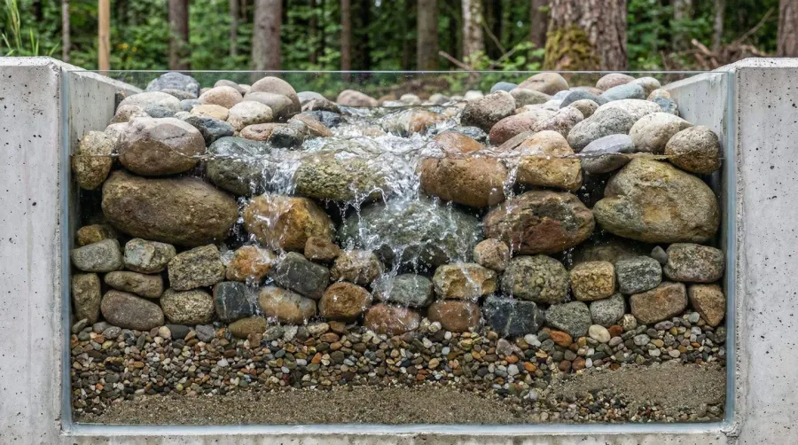 Water flowing through different sizes of drain rocks in cross-section view