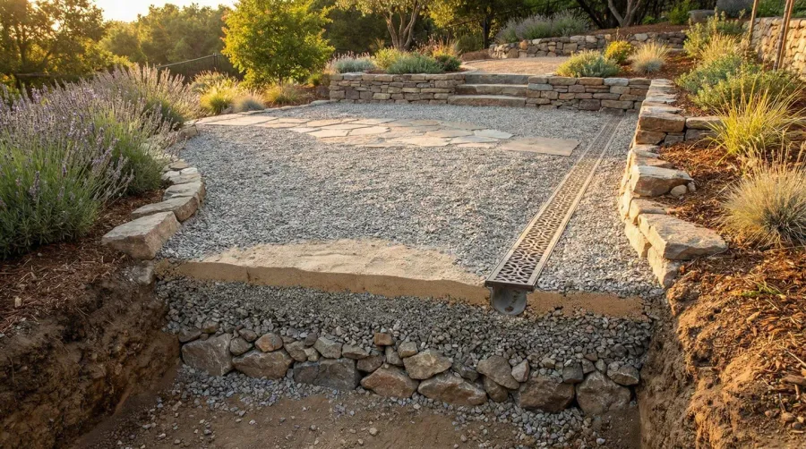 Gravel patio grading process overview showing compacted stone surface with proper drainage slope