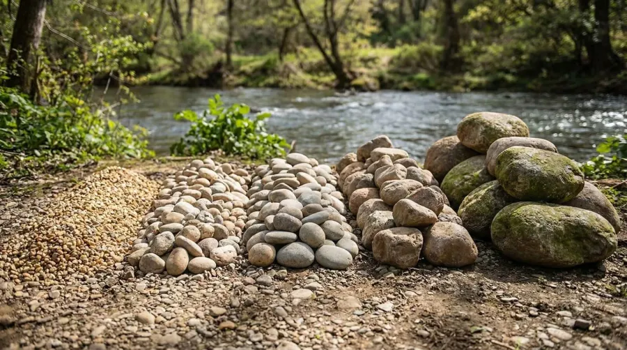 Comparison of different river rock sizes from pea gravel to large stones