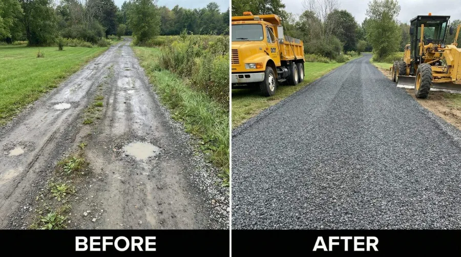 Before and after comparison showing proper DOT gravel maintenance with fresh material added and properly graded surface