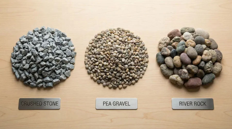 Different types of gravel samples: crushed stone, pea gravel, and river rock