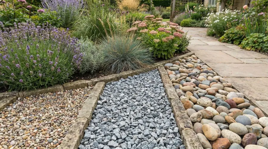 Garden border with different gravel types showing pea gravel, crushed stone, and river rock