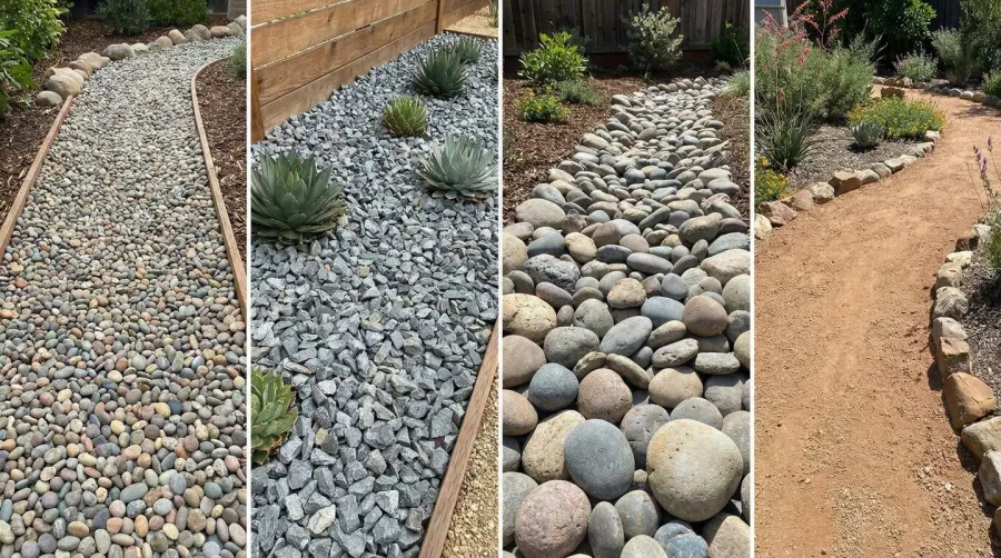 Comparison of different gravel types in garden setting