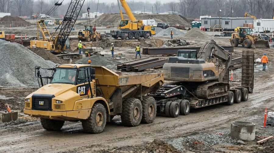 Dump truck towing heavy trailer on construction site