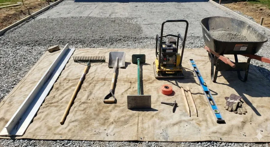 Essential Tools For Leveling Crushed Stone Base Laid Out