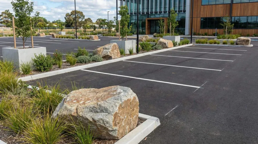 Parking lot with granite boulders and professional landscaping