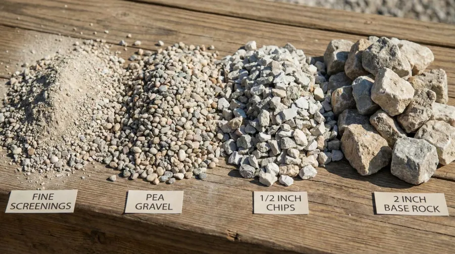 Limestone gravel size comparison chart showing different grades