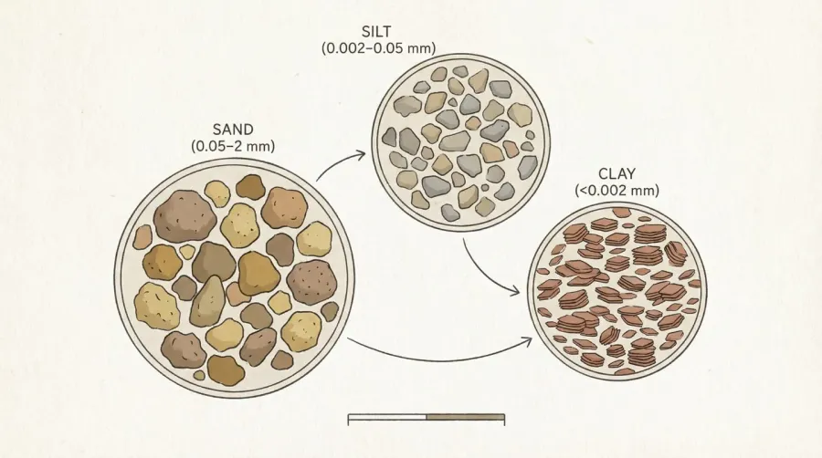 Particle size comparison chart of sand, silt, and clay under microscopic view