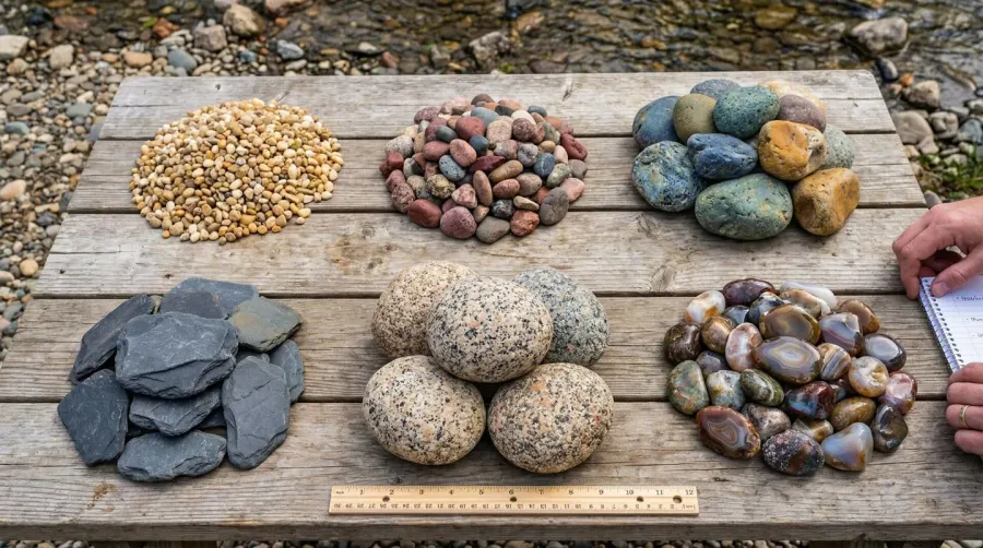 comparison of different river rock sizes and colors laid out