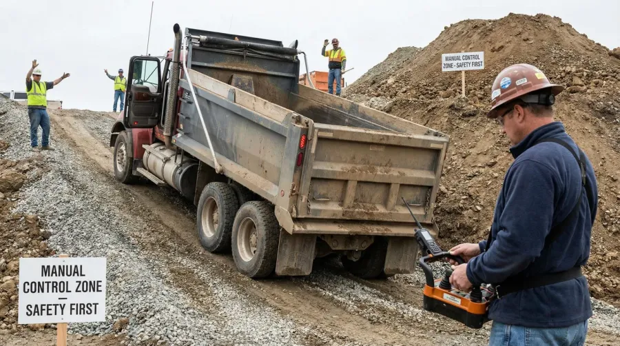 Dump truck working on steep construction grade showing manual control benefits