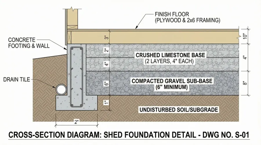 Limestone shed foundation cross-section showing layers