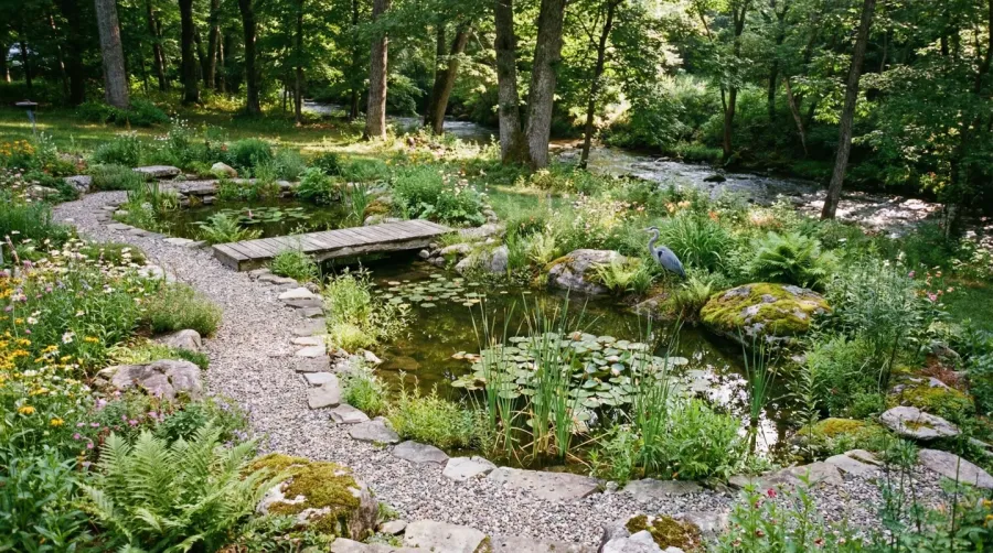 Beautiful backyard pond with gravel edging and natural landscaping