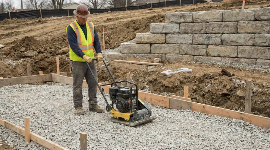 Retaining wall installation process showing limestone base being compacted