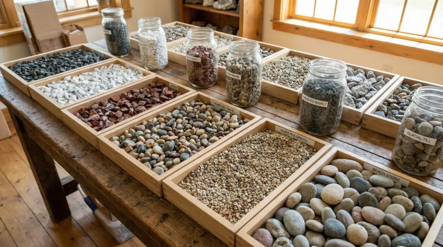 Various types of gravel samples showing different colors sizes and textures