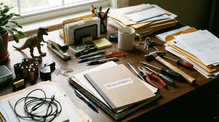 Various mixed items scattered on a desk including office supplies, tools, and documents representing the concept of miscellaneous