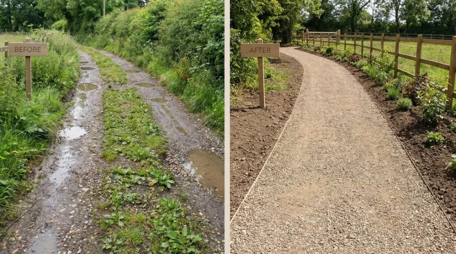 Before and after comparison of gravel path maintenance