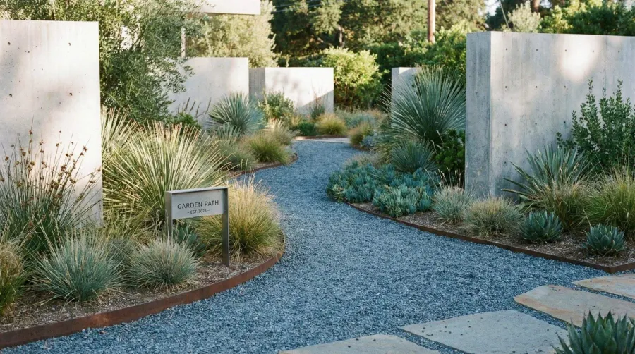Blue gray gravel pathway in modern landscape design