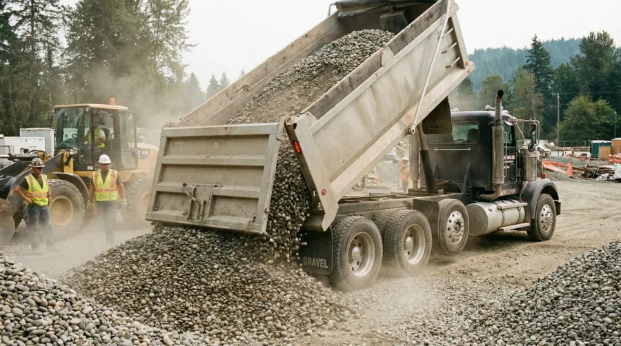 Bulk gravel delivery truck unloading stones at construction site