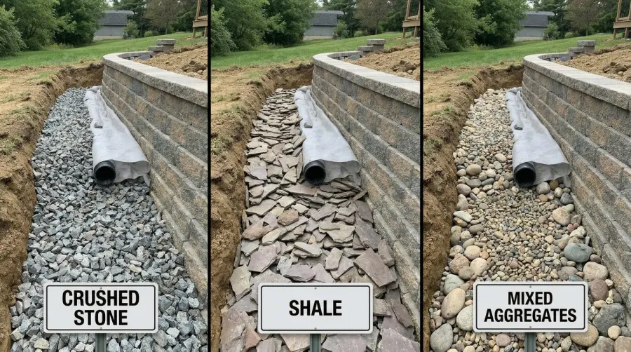 Retaining wall with different base materials comparison showing crushed stone, shale, and aggregates