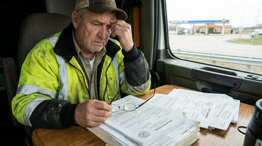 Commercial truck driver looking concerned while reviewing legal documents