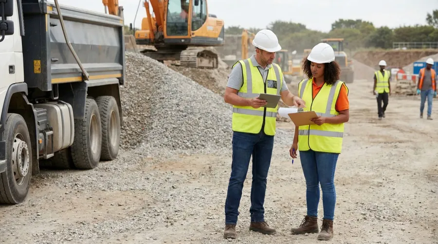 construction manager reviewing aggregate delivery paperwork with supplier representative