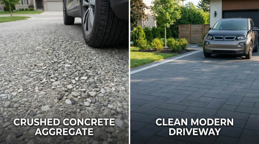 Crushed concrete driveway before and after comparison