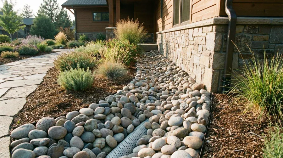 River rock drainage system installed in landscape