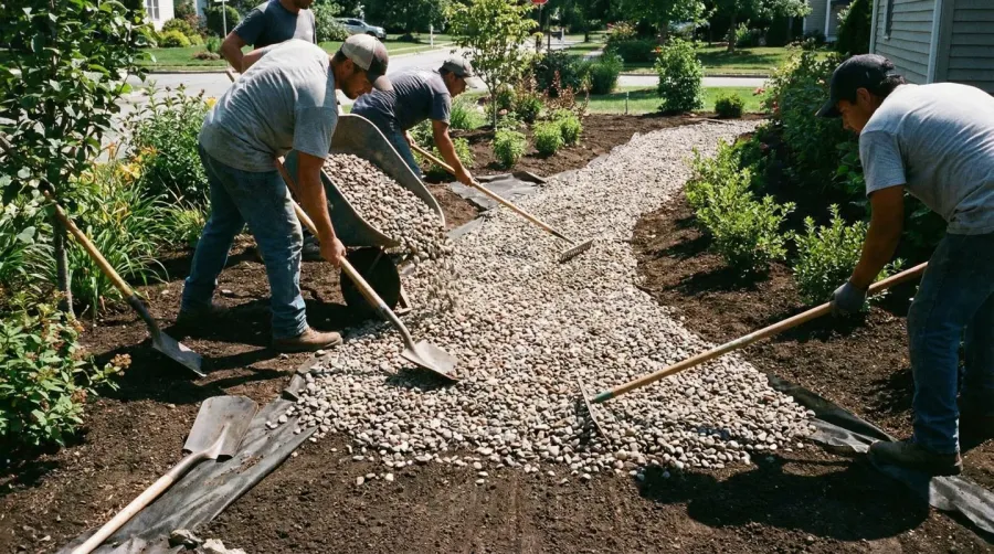 Gravel being laid on prepared soil surface