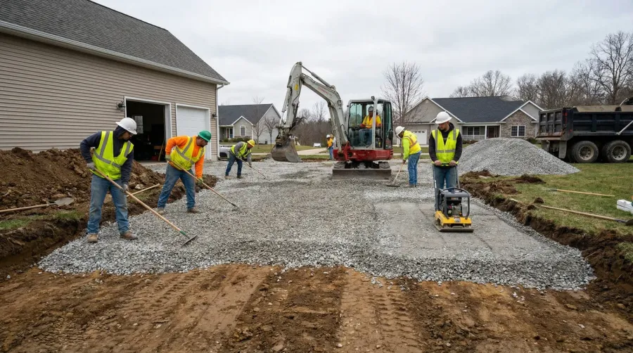 Step by step installation process showing gravel being spread and compacted